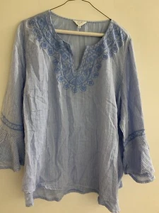 Crown & Ivy Blue White Striped Embroidered Seahorse Blouse Bell Sleeves Size 2XL - Picture 1 of 4