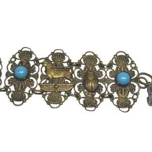 Handmade Antique Egyptian Motif brass Bracelet filagree scarab beetle Sphinx - Picture 1 of 11