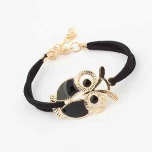 Women's Girl's Faux Leather Rope Cute Owl Bracelet with Gift Bag - Black - Picture 1 of 4