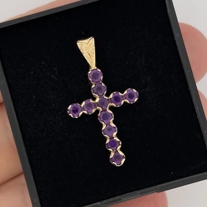 9ct Yellow Gold Amethyst Cluster Cross Pendant Hallmarked 30mm x 17mm - Picture 1 of 7