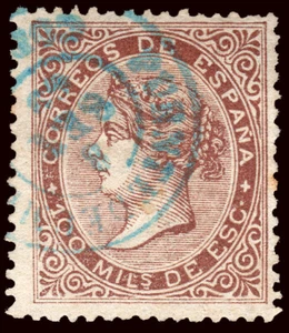 España. 1869 Edifil 0 99. 100 Milm Castaño. Mat Fechador Azul. Muy escaso. - Imagen 1 de 1
