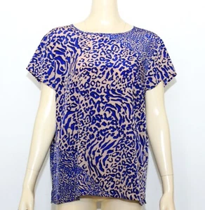 Dana Buchman Brown Blue Animal Print Blouse Cap Short Sleeve Crew Neck Size XL - Picture 1 of 6