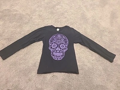 Kids Girls Unbranded Black Long Sleeve Shirt Purple Sugar Skull Size Small - Image 1 of 4