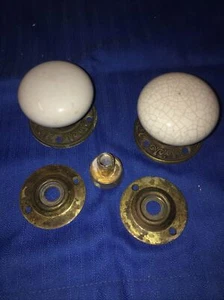 Antique Porcelain Passage Set Knob Crazed IAntique Brass 65mm Base - Picture 1 of 9