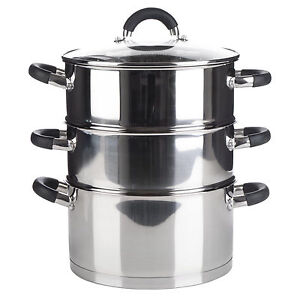 3 TIER STAINLESS STEEL VEGETABLE FOOD STEAMER SET DISH INDUCTION  2 SIZES 