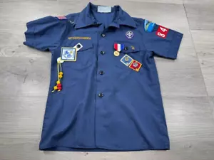 Boy Scouts Of America Shirt Youth Medium 10/12 Navy Blue Patches Flag Button USA - Picture 1 of 12