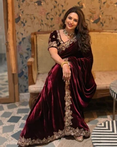 Bollywood Style Heavy Saree Blouse Bridal Indian Designer Pakistani Women Sari - Picture 1 of 4