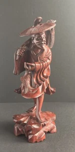 Vintage Chinese Fisherman w/ Hat - Hand Carved Rosewood Mudman Figurine Decor - Picture 1 of 24