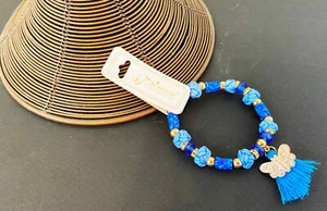 BRACELET: BLUE CRYSTAL BEADS ON KNOTTED NYLON W/BUTTERFLY NEW! MANY COLORS - Picture 1 of 5