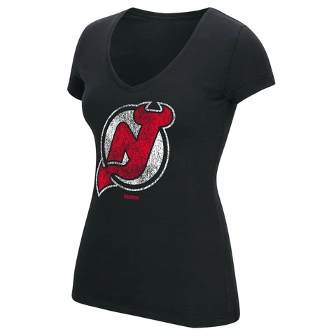 NHL New Jersey Devils Women's Her Full Logo Short Sleeve Slub V-Neck Tee, Lar Cover