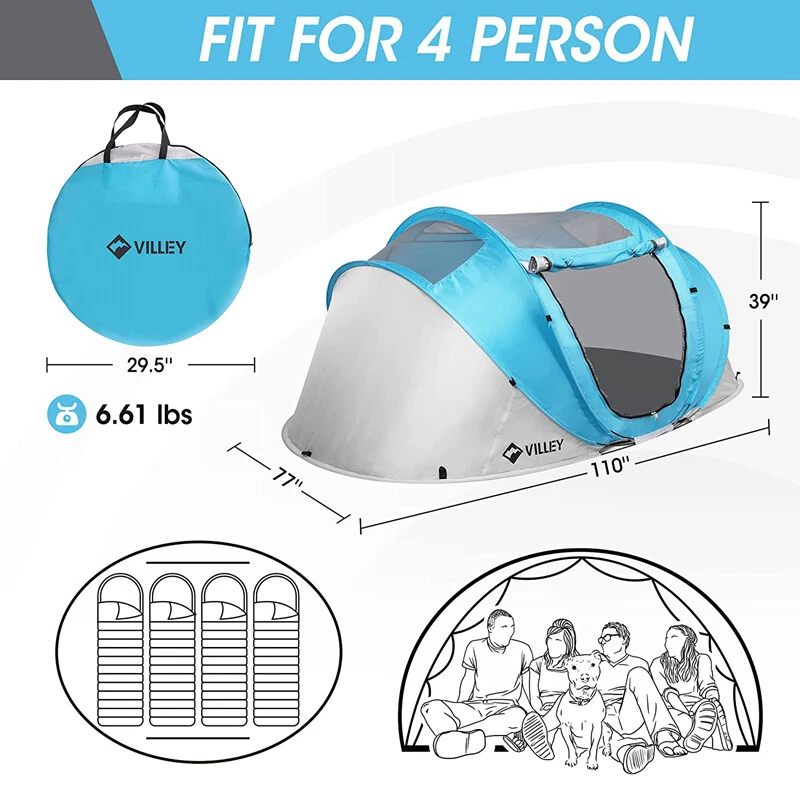 VILLEY 4 Persons Camping Tent Pop Up Tent Waterproof  Automatic Setup Easy Fold - Image 1 of 4