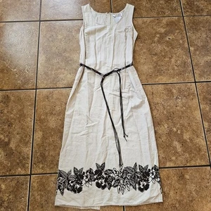Vintage Karin Stevens Linen Rayon Beige Brown Floral Detail Maxi Dress Womens 10 - Picture 1 of 11