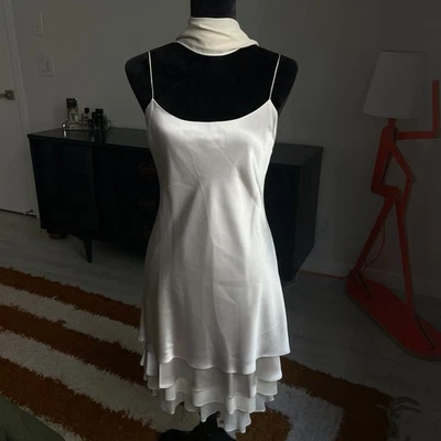 Mini Vestido Vintage Jones New York Blanco Champagne Seda Talla 6 Bufanda Cuello Novia Foto 1 de 4
