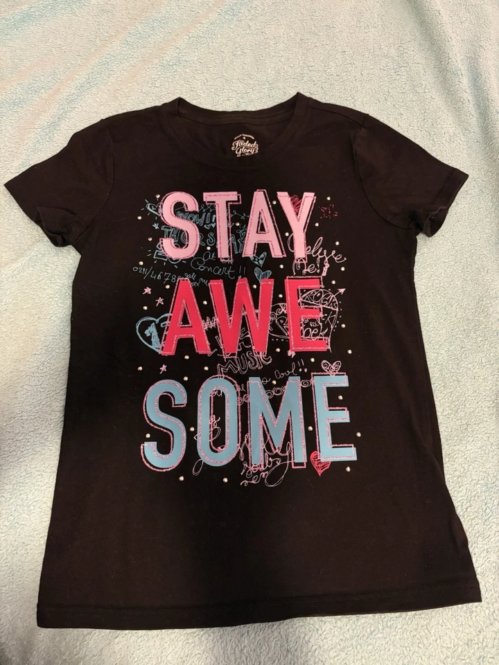 Faded Glory Girls Size 7-8 Stay Awesome Short Sleeve Black T-Shirt - Image 1 of 4