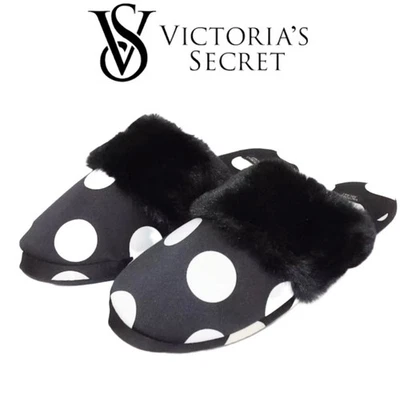 Victoria's Secret NWT Black with White Polka Dots & Fur Slippers Medium (7-8) - Image 1 of 4