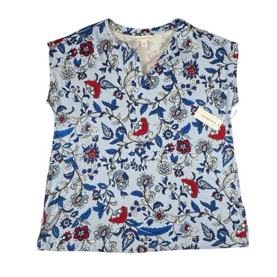 NWT Liz Claiborne Tunic Womens 2XL Blue Red Floral Cap Sleeve Tropical Patriotic - Image 1 of 4