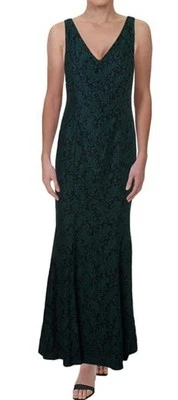 Maxi Vestido de Noche LAUREN RALPH LAUREN Encaje Vassie Acanalado Verde Azul Marino Talla 2 Foto 1 de 4