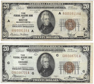 PAR de billetes de la Reserva Federal de 1929 - Boston y Chicago - muy buen estado Foto 1 de 2