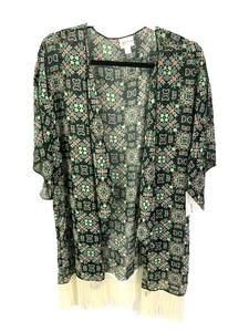 LulaRoe Monroe Kimono schwarz Schmetterling Aztekenmuster weiß Fransen Größe L - Bild 1 von 5