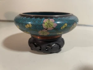 Antique Chinese Cloisonné Inlaid Enamel flowers blue bowl Oriental Vintage (#5) - Picture 1 of 10