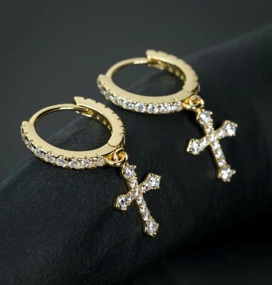 Pendientes de aro Huggie colgantes de plata esterlina enchapados en oro de 14K circonita cúbica para hombre Foto 1 de 4