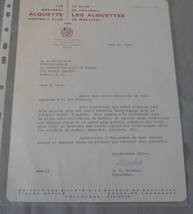 1964 CFL Montreal Alouettes Signed Letter by President M.E.Workman on Letterhead - Bild 1 von 1