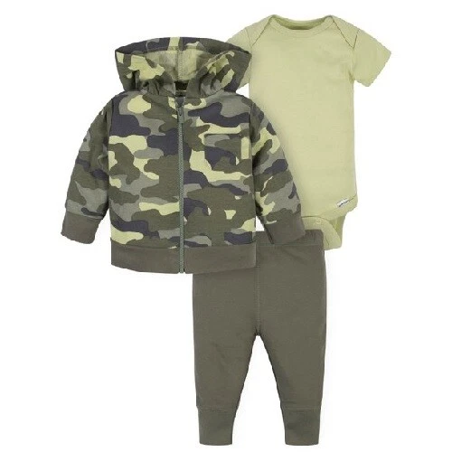 GERBER BABY BOY 3 PIECE SET CAMO JACKET BODYSUIT AND PANTS NEWBORN WITH TAGS
