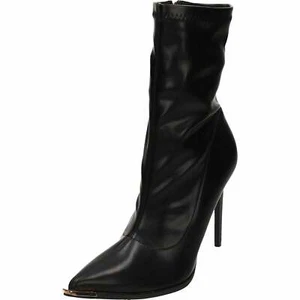 Ladies Faux Leather Ankle Sock Boots Black Stiletto High Heel Pointed Toe Shoes - Picture 1 of 12