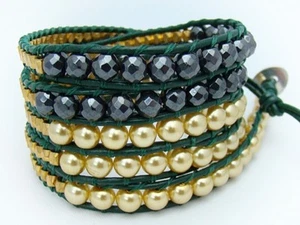 5 Wrap Bracelet GLASS PEARL beads HEMATITE BEADS GREEN LEATHER adjustable size - Picture 1 of 3