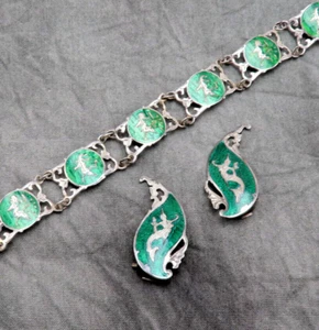 Conjunto de pendientes pulsera vintage de plata de ley panel de siam esmalte bailarina 154f - Imagen 1 de 12
