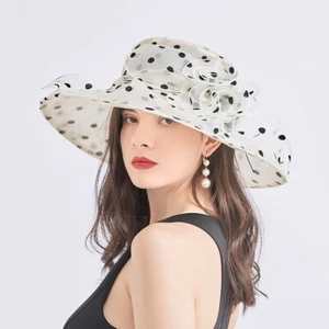 NEW Kentucky Derby Wide Brim Mesh Foldable Hat Women Polka Dot Church Party Cap - Picture 1 of 17
