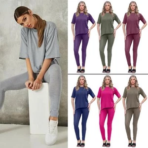 Ladies Plain Longline T-Shirt Leggings Co-Ord Summer Short Sleeve Tracksuit Set - Picture 1 of 95