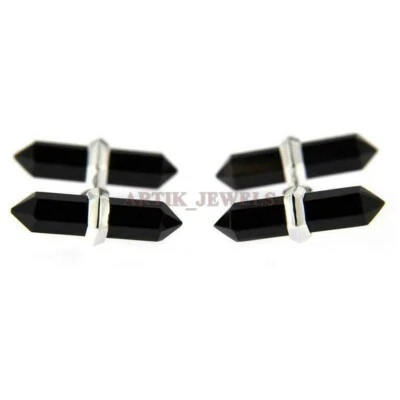 Gemstone Nero Naturale Onice Con Gemelli In Argento Sterling 925 #2367 - Immagine 1 di 4