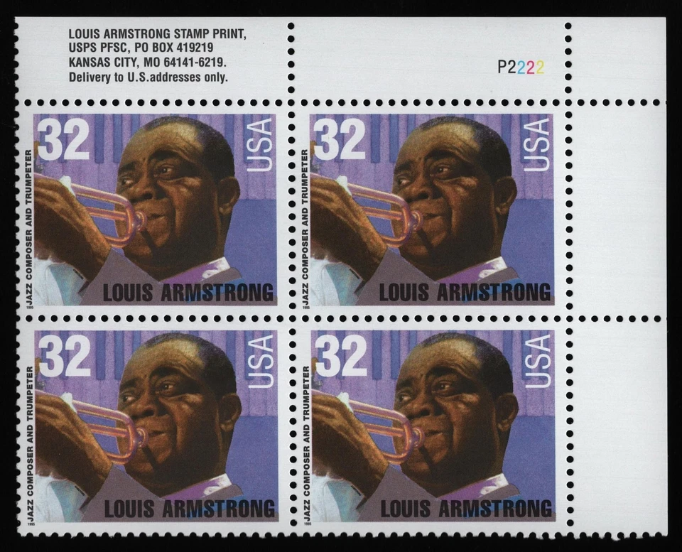 #2982 32c Louis Armstrong, Plate Block [P2222 UR] Mint **ANY 5=FREE SHIPPING** - Image 1 of 1