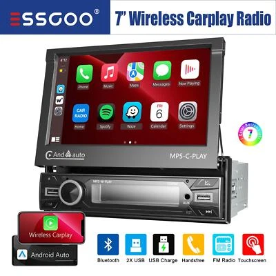 1 DIN 7" Wireless Apple Carplay Car Stereo Radio HD Flip Out Screen USB AUX TF - Image 1 of 4