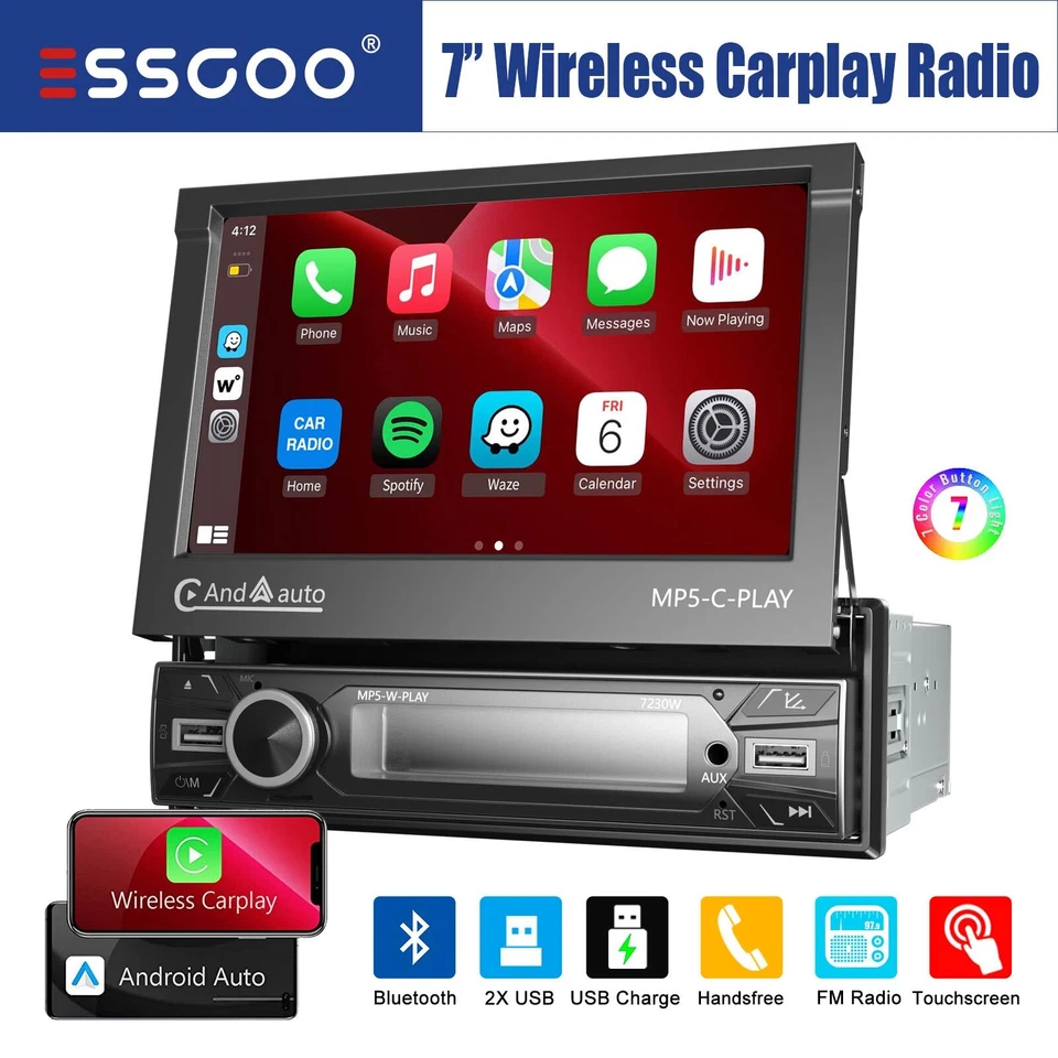 1 DIN 7" Wireless Apple Carplay Car Stereo Radio HD Flip Out Screen USB AUX TF - Image 1 of 4
