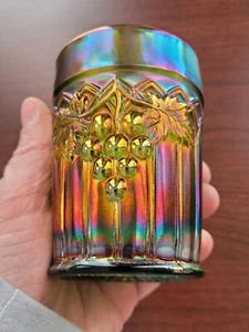 Pretty Bright Green Northwood Carnival Glass Grape & Gothic Arches Tumbler - Picture 1 of 13