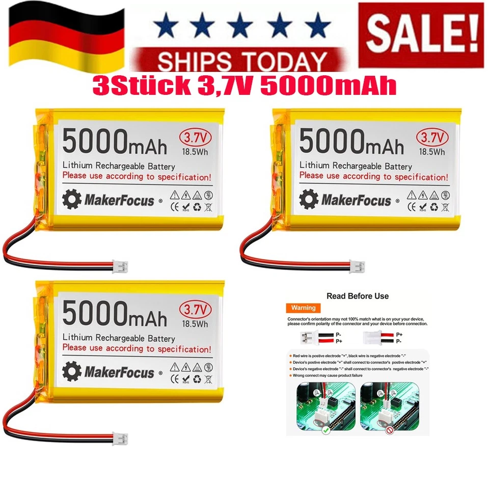3Stk 3,7V 5000mAh Li Akku 105080 PH2.0A-Stecker für Raspberry Pi UPS WisBlock DE - Bild 1 von 4