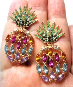 Juego de pendientes colgantes de piña de moda, tono dorado, diamantes de imitación coloridos. - Imagen 1 de 2