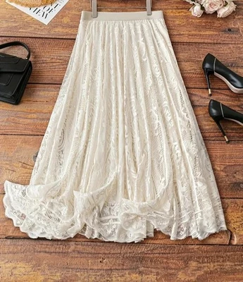 Mujer Marfil Elegante Floral Encaje Midi Dobladillo Completo Falda Talla M~2X Foto 1 de 3