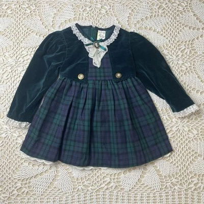 Vestido camafeo estilo chaqueta terciopelo a cuadros verde 2t Baby Togs niñas vintage años 90 Foto 1 de 4