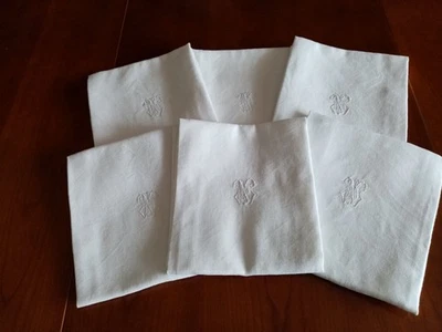 Six anciennes serviettes en damassé, monogrammées brodées main - Photo 1/4
