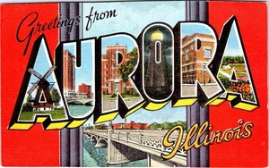IL, Illinois  AURORA LARGE LETTER LINEN Greetings  ca1940's Kropp Postcard - Picture 1 of 2