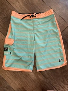 BillaBong Boy's Swim Trunks Teal Peach Stripes Pockets Unlined Size 27 - Picture 1 of 5
