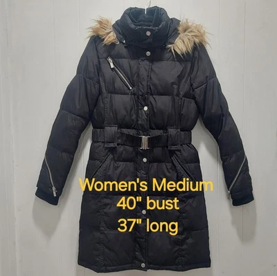 Rachel Roy Women’s Black Quilted Puffer Coat Faux Fur Hood Belted Size M - Image 1 of 4