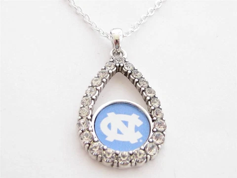 North Carolina Tar heels Blue Teardrop Clear Crystal Silver Necklace Jewelry UNC Cover