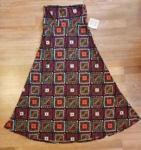 LuLaRoe Maxi Skirt SMALL Aztec Patchwork Black Red Orange Stretchy Squares NEW - Picture 1 of 4