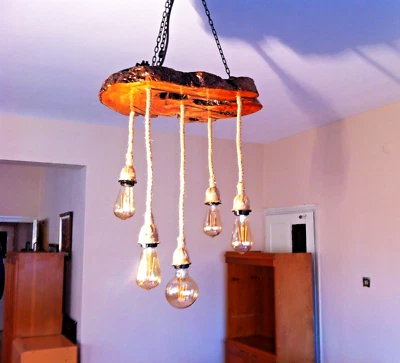 Lámpara de araña de madera de olivo, lámpara de granja de 5 piezas, iluminación rústica de madera de olivo, regalos Foto 1 de 4