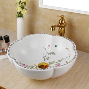 Flower Shaped Ceramic Vessel Sink Bathroom Golden Faucet Deck Mounted Mixer Taps - Bild 1 von 10