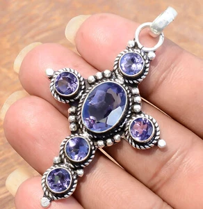 Multi Faceted Amethyst Gemstone Pendant 925 Sterling Silver Shining Work Cross - Picture 1 of 8